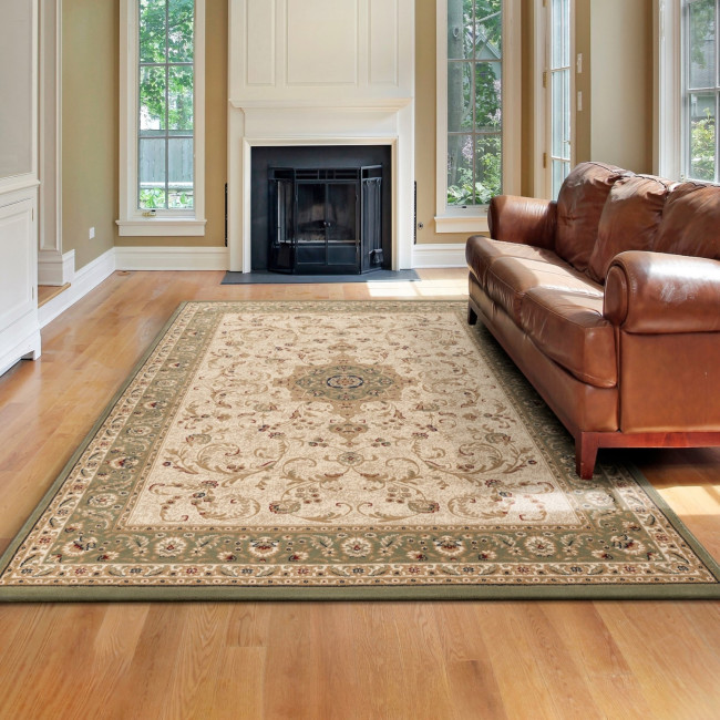 Elegant Oriental Rug Beige with Floral Design & Green Border